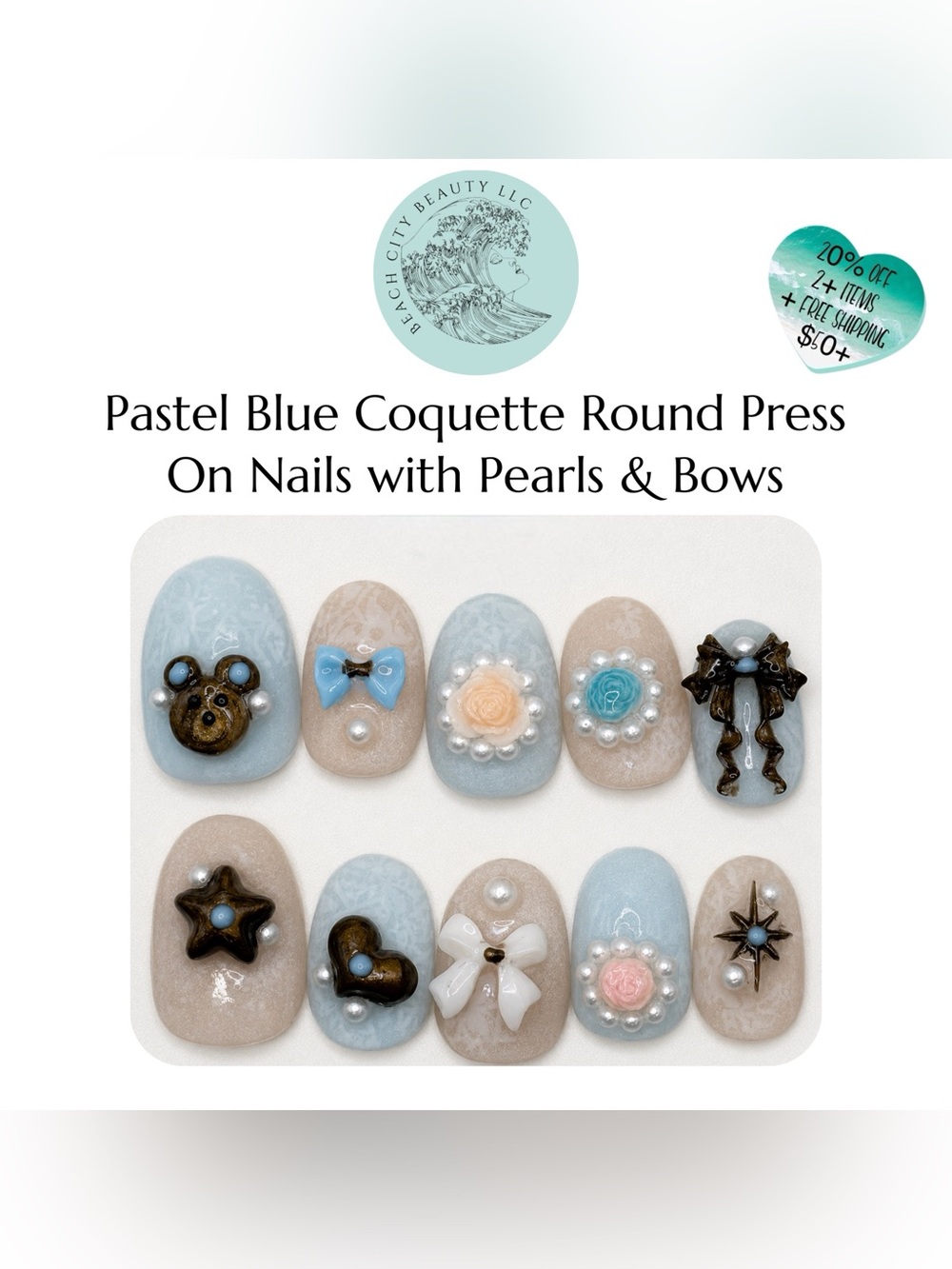 Pastel Blue Coquette Round Press On Nails with Pearls & Bows